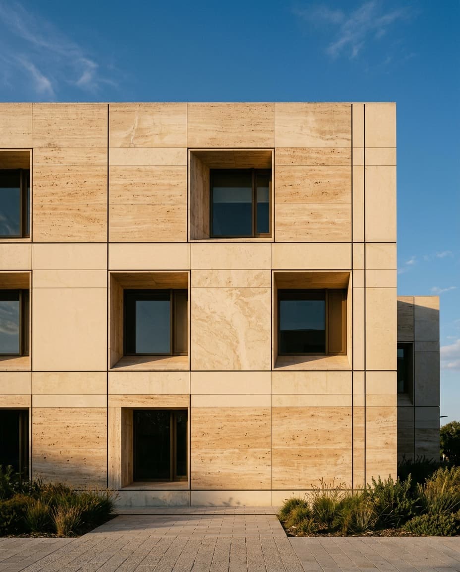Façade en panneaux de travertin, encadrements en saillie