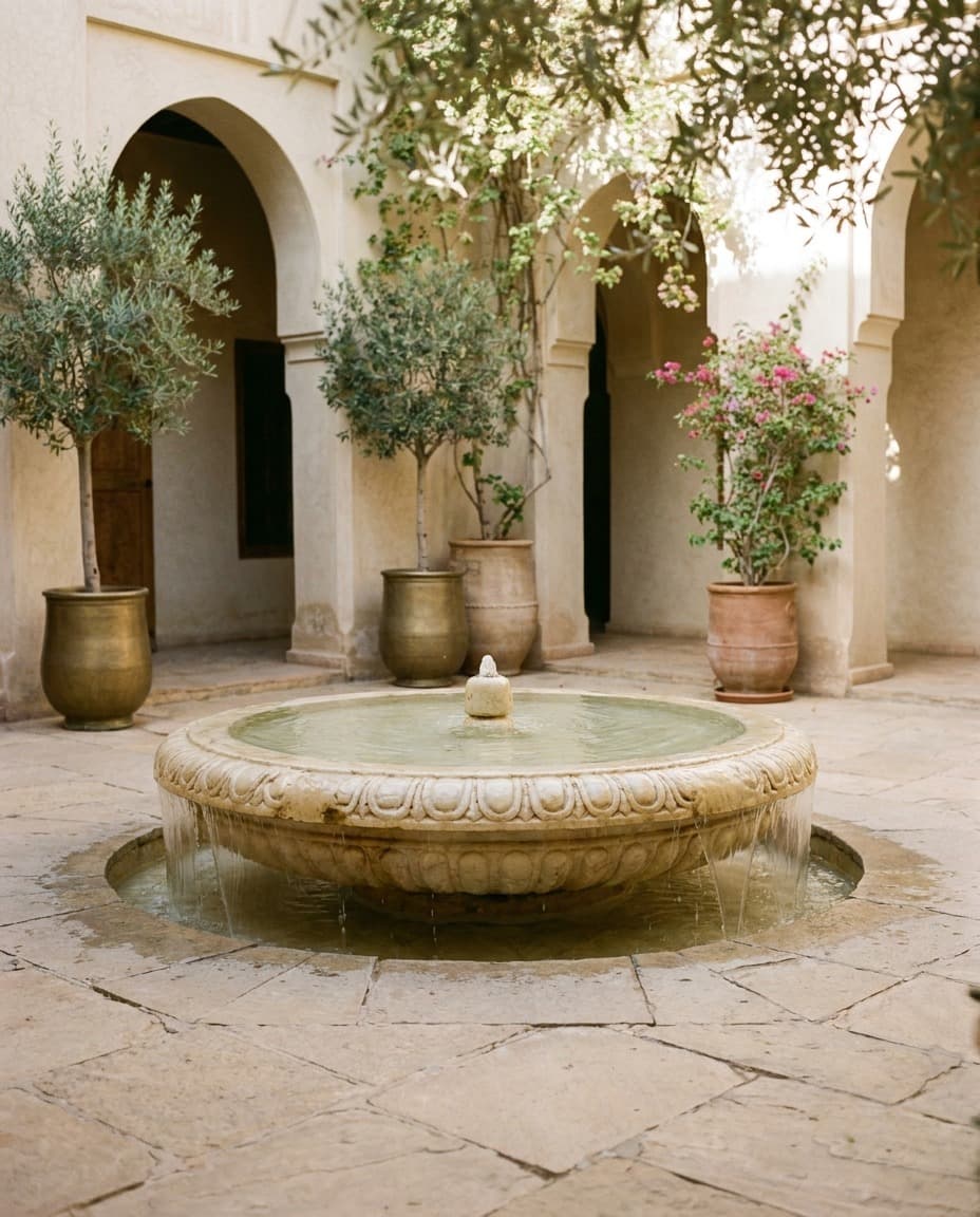 Fontaine sculptée dans un patio, oliviers en pot