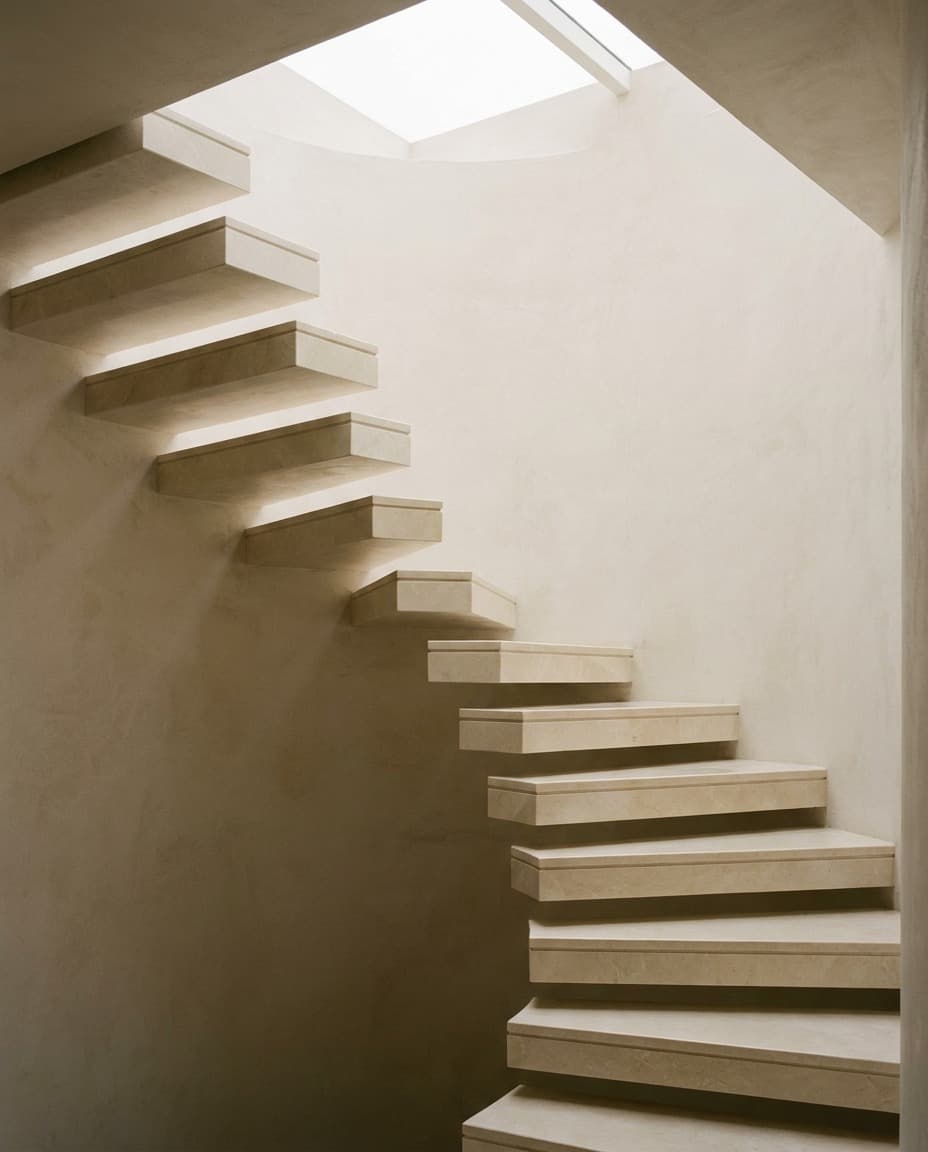 Escalier à marches massives en porte-à-faux, pierre claire
